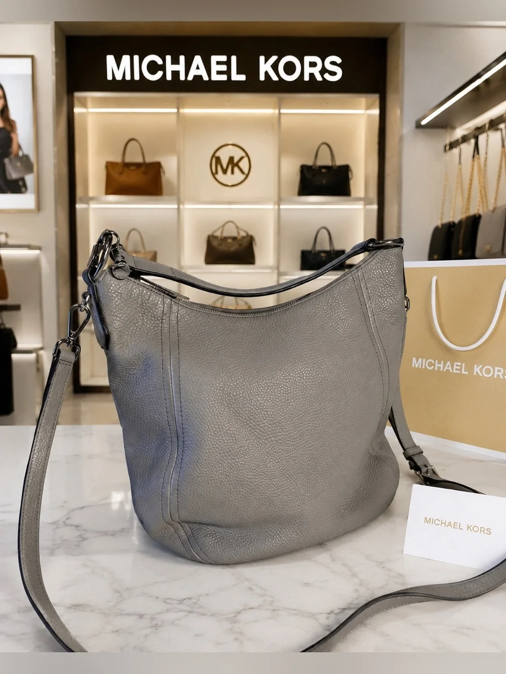 ✨ Michael Kors Julia Gray Pebbled Leather Convertible Shoulder Bag Hobo EUC